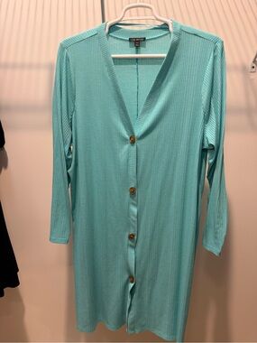 Lane Bryant Aqua Ribbed Button-Front Long Cardigan